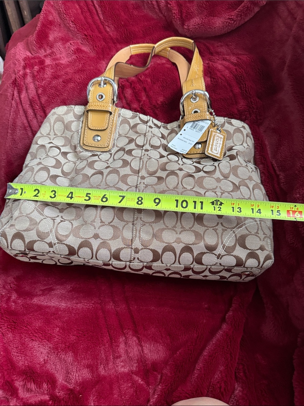Coach Beige Signature Satchel with Tan Leather Handles